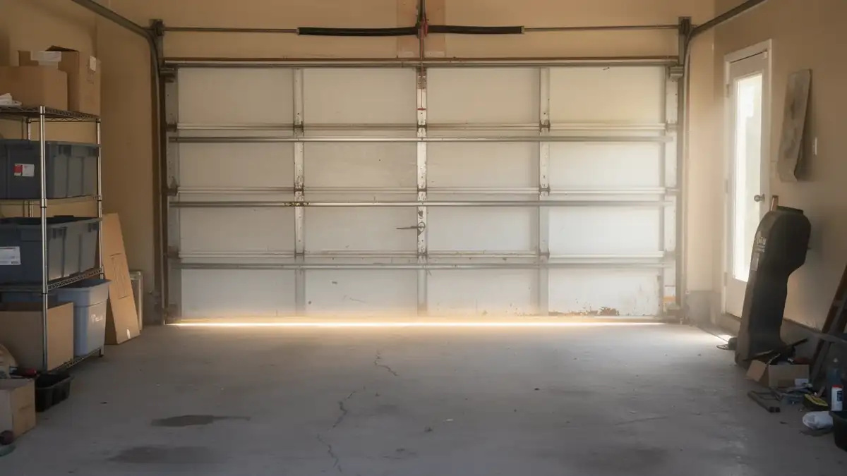 The garage door is partially open, showing the interior of a garage.
