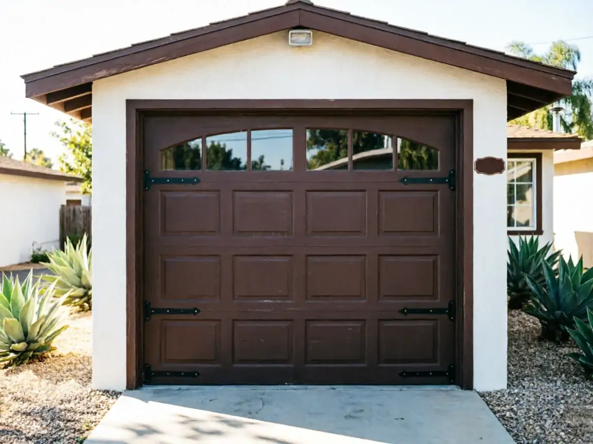 A brown garage door with windows and decorative hinges is on a white garage.
