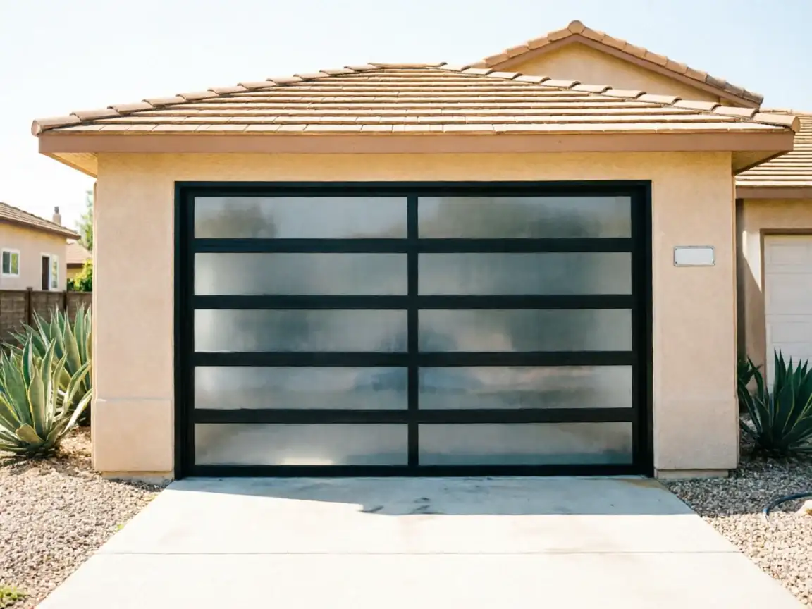 A modern garage door with frosted glass panels on a beige house.