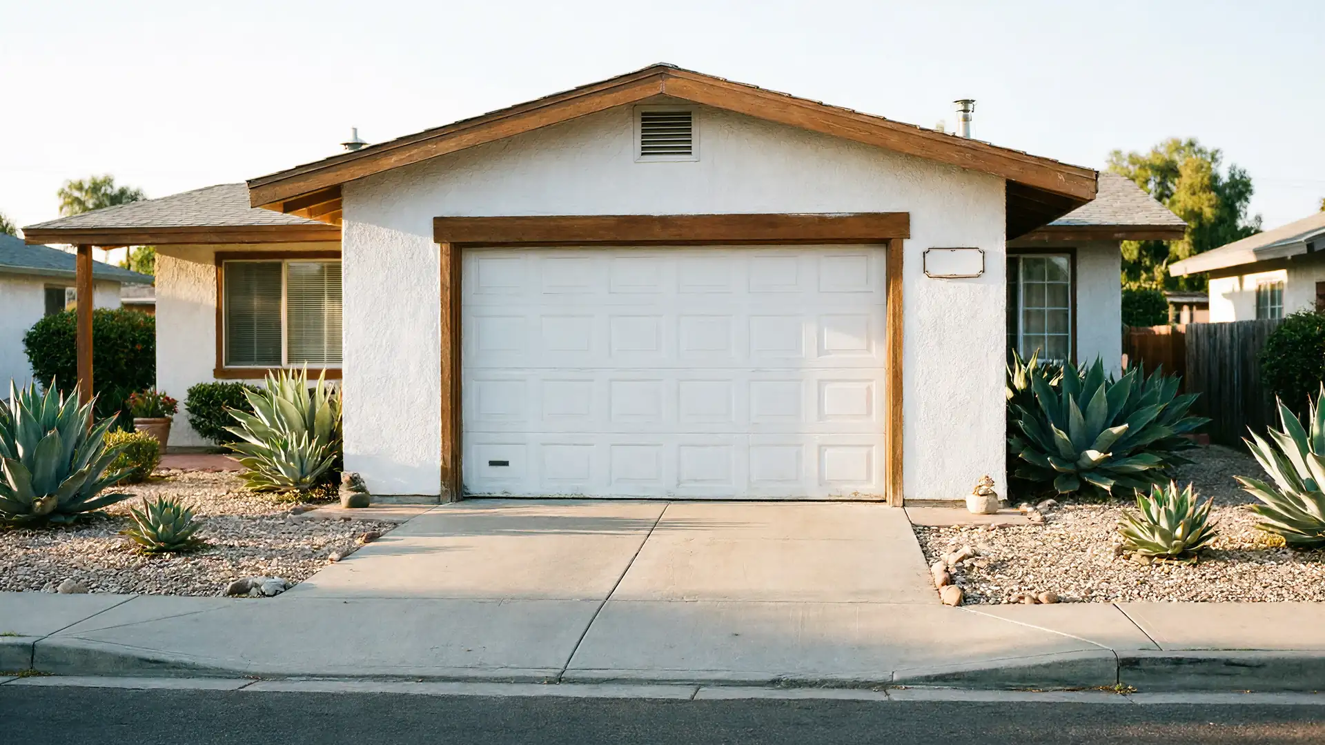 A white house with a single white garage door and agave plants in the front yard.