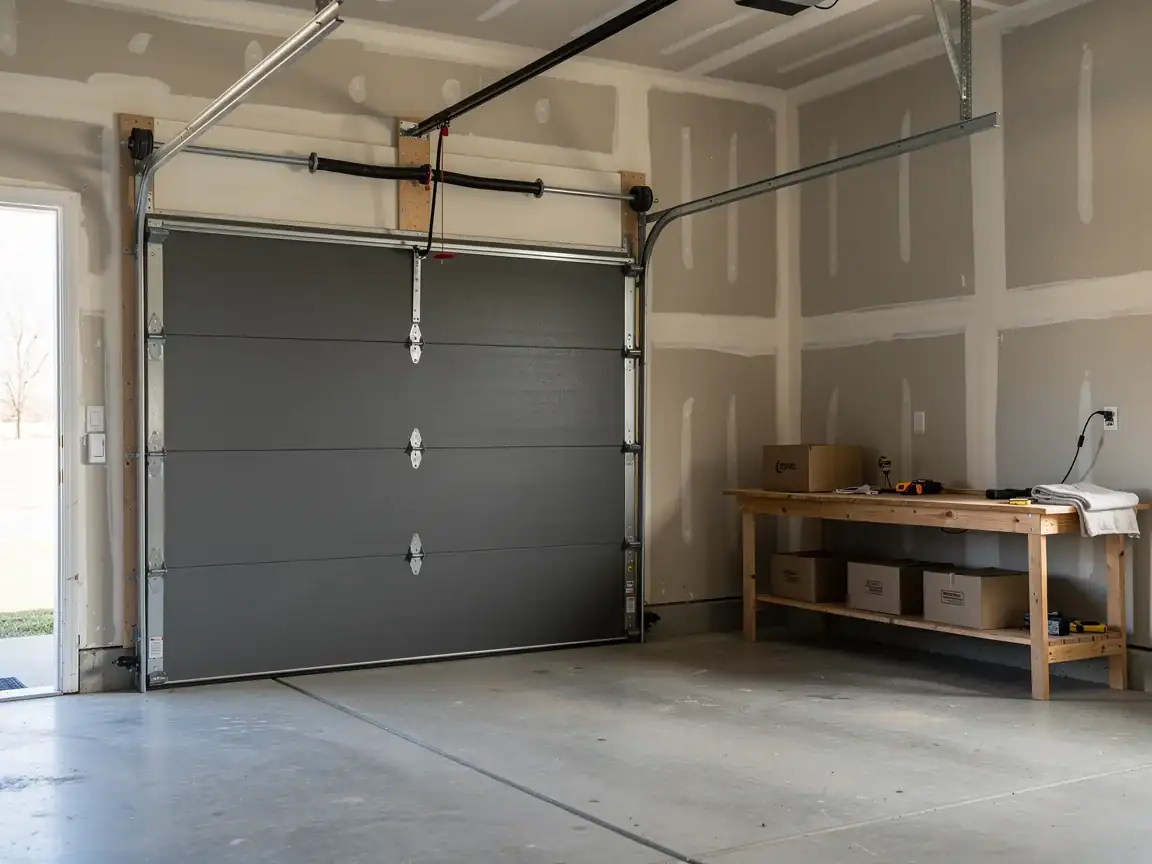 A closed gray garage door is inside a garage with a wooden workbench.