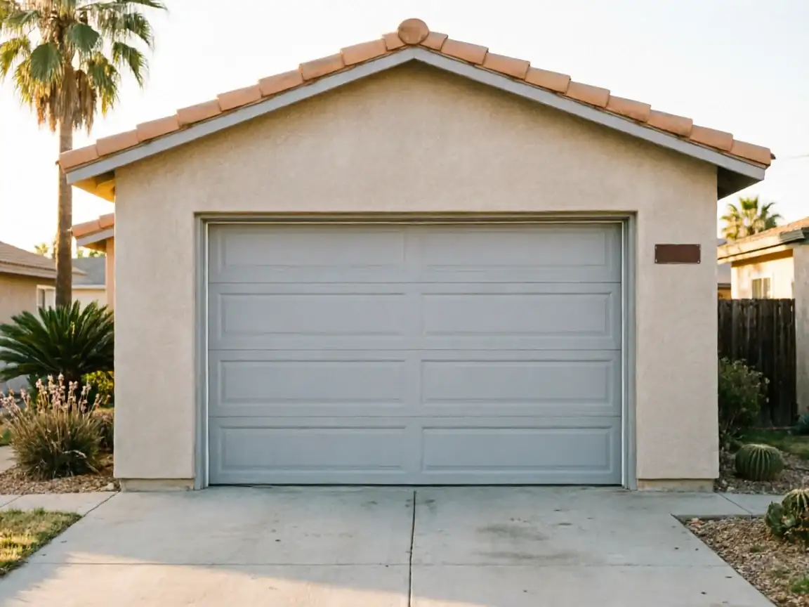The garage door is light gray and closed, with a stucco house and tile roof.