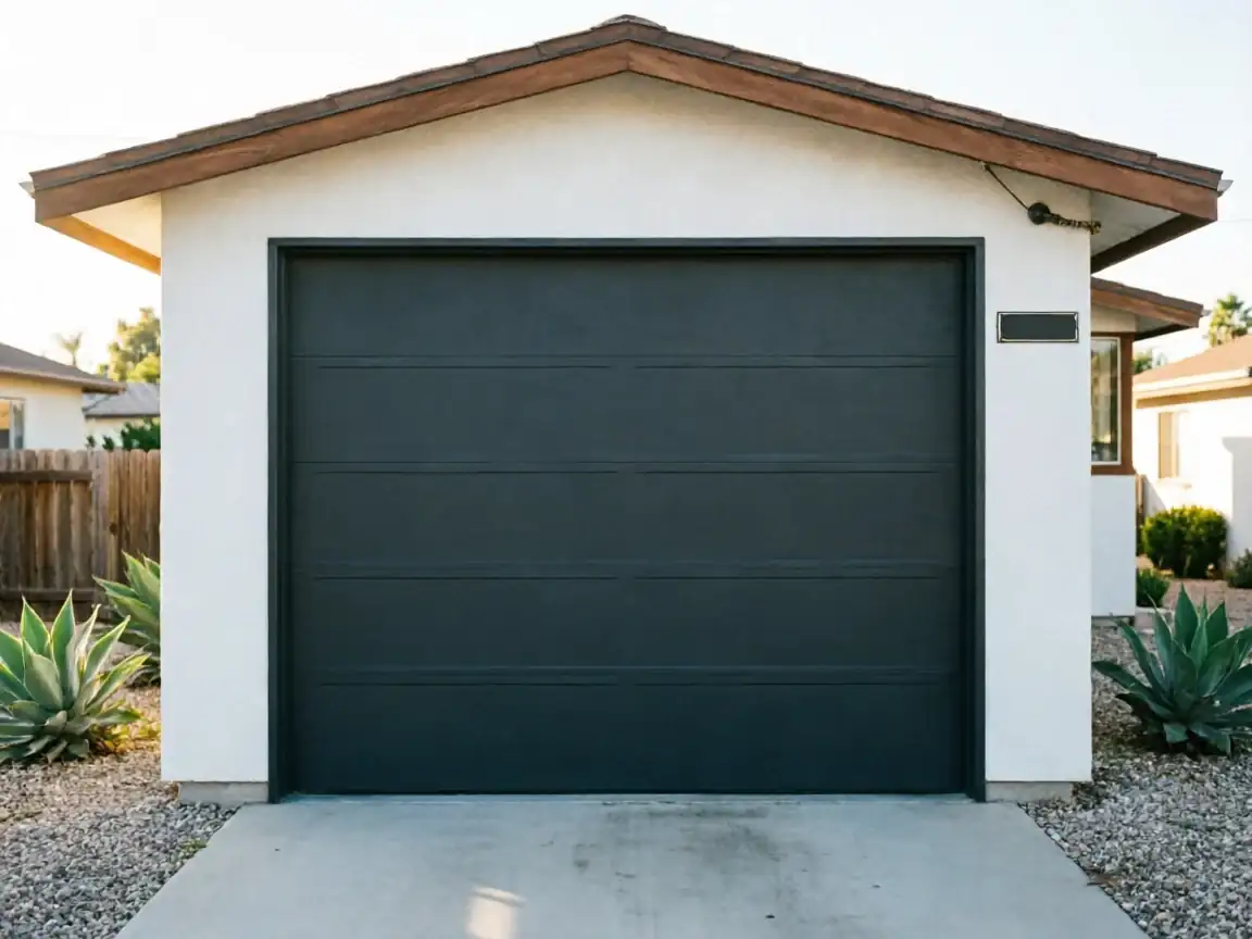 A dark gray garage door is on a white stucco house with a brown roof.