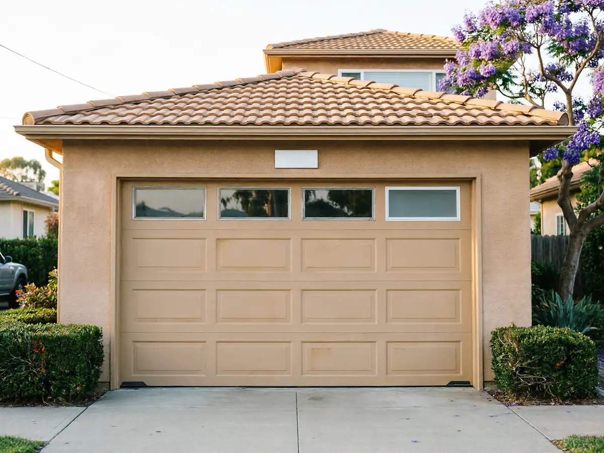 A beige garage door with four windows is on a stucco house.