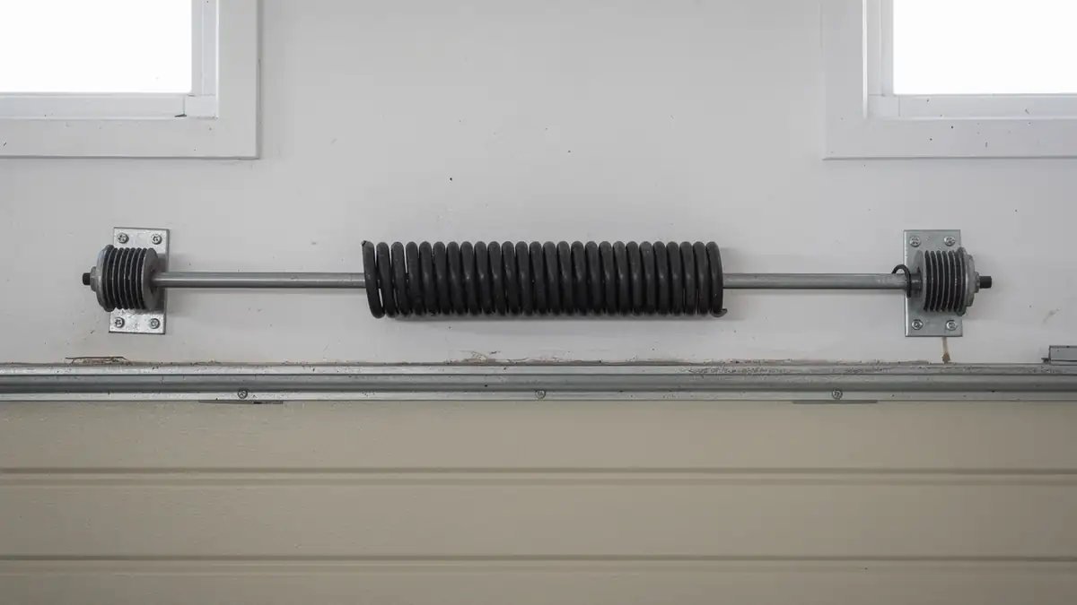 A torsion spring is mounted above a garage door with two windows above.